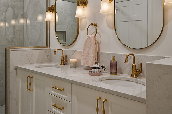 Completed Burbank bathroom remodel with custom vanity and tile