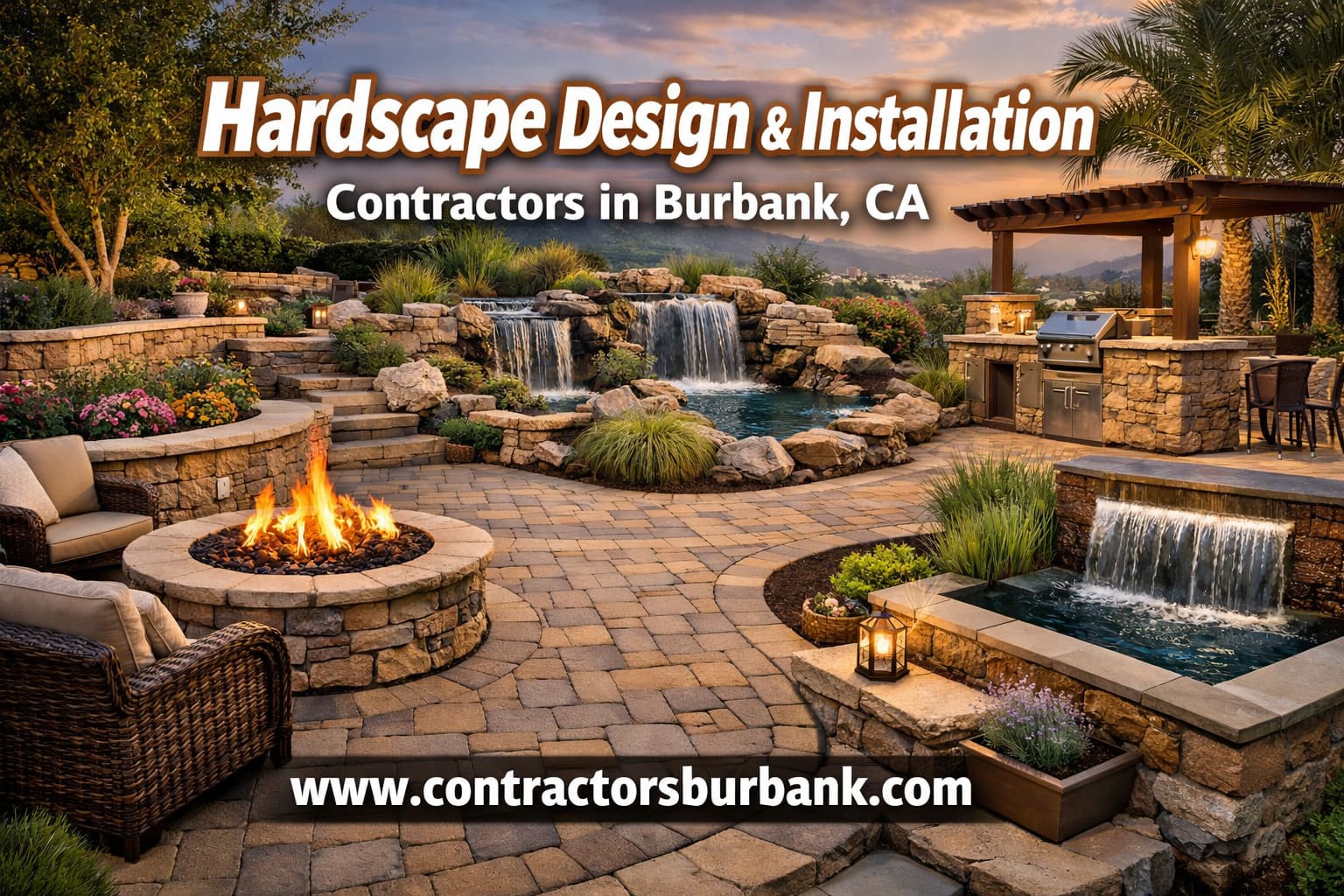 Burbank hardscape contractors installing custom patio with natural stone pavers
